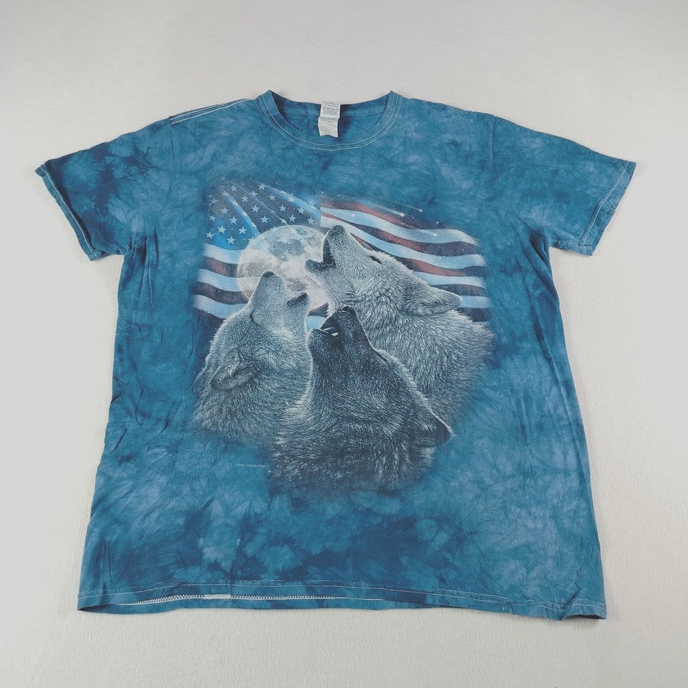 Gildan T Shirt Mens Size L Blue Howling Wolves USA‎ Flag Tie Dye Short Sleeve